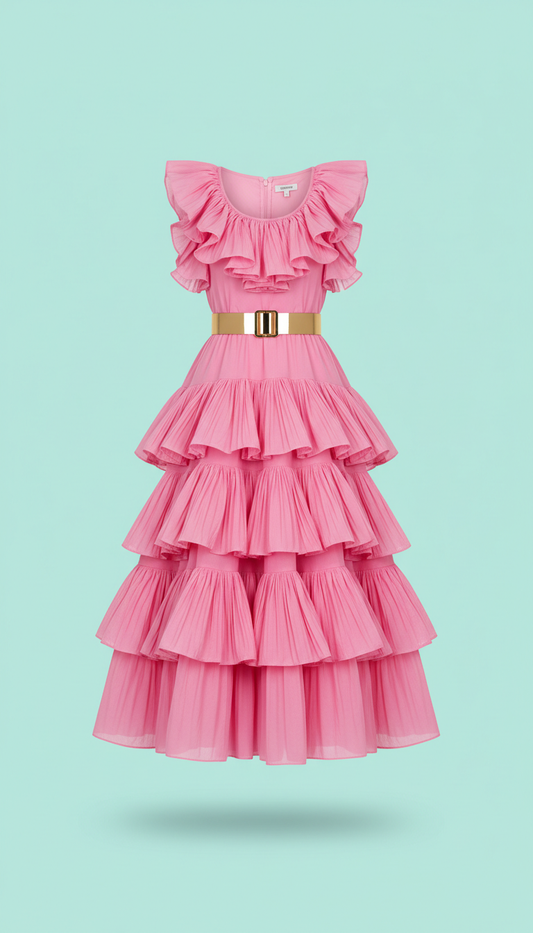 Bubblegum pink ruffle midi dress