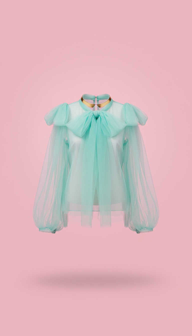Mint pop sheer tulle blouse with bow details