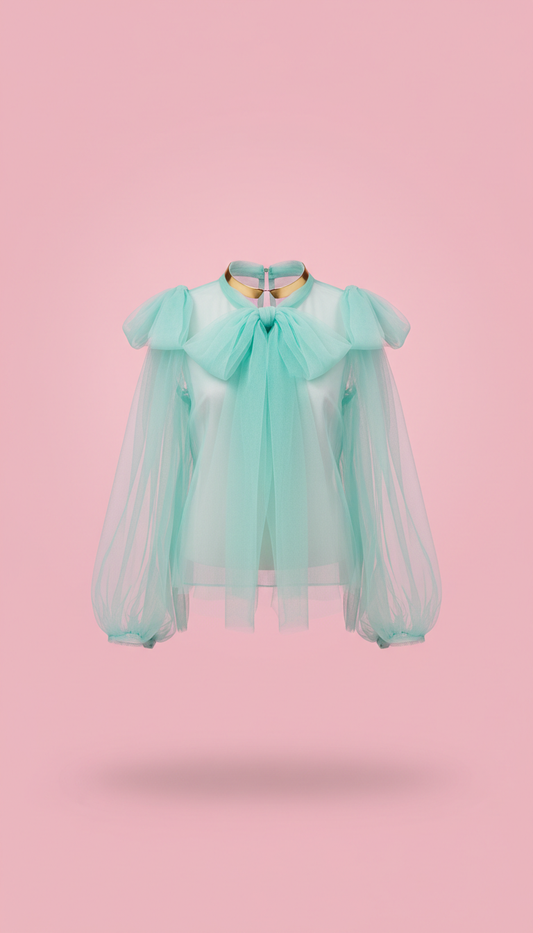 Mint pop sheer tulle blouse with bow details